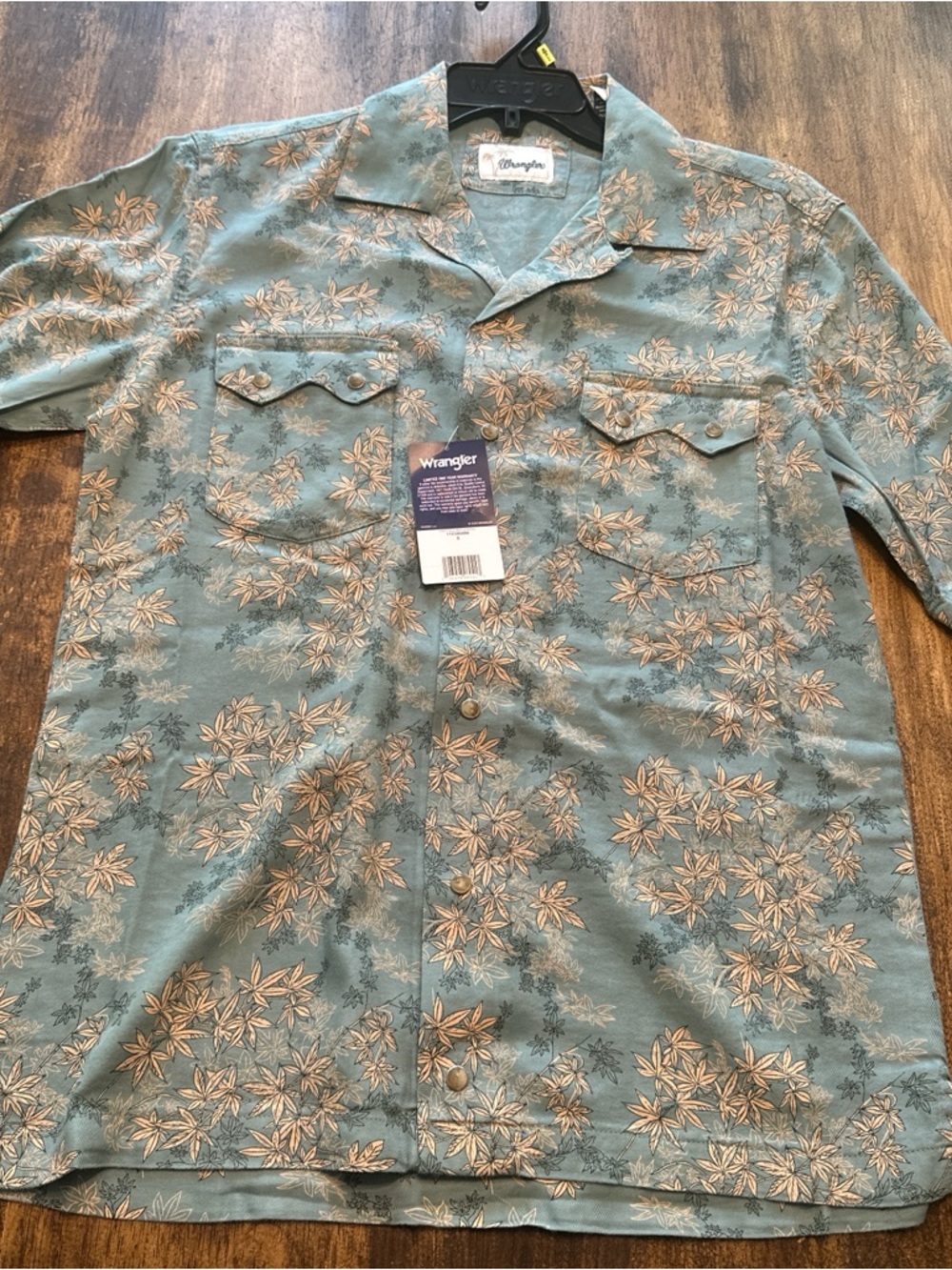 Wrangler Teal Pearl Snap Short Sleeve Shirt with Tan Floral Print
